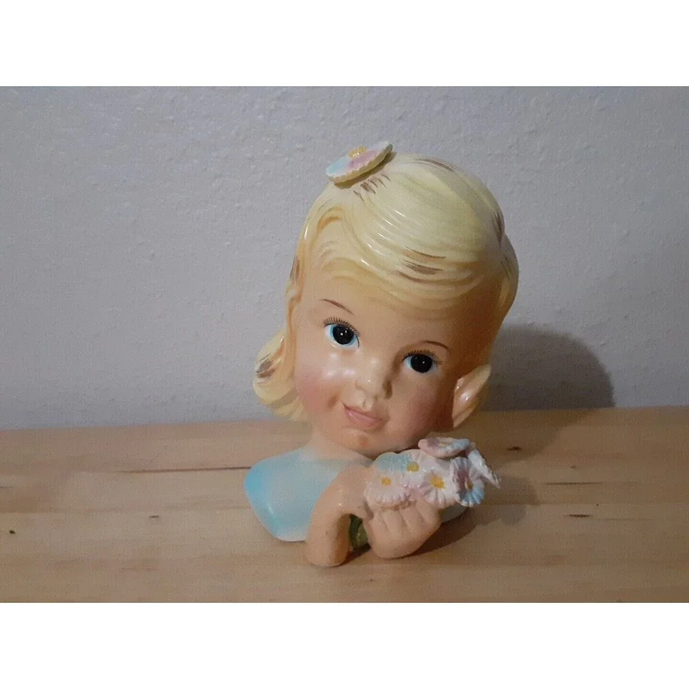 VTG Rare Enesco 1950's Delsey Tissue Girls Headvase 6